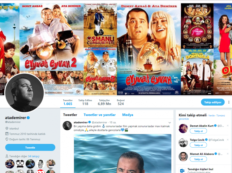 <p><strong>ATA DEMİRER </strong></p>

<p> </p>

<p>Twitter'da fazla takipçiye sahip olan bir diğer komedyen ise Ata Demirer. Ünlü komedyenin 6.9 milyon takipçisi var. </p>
