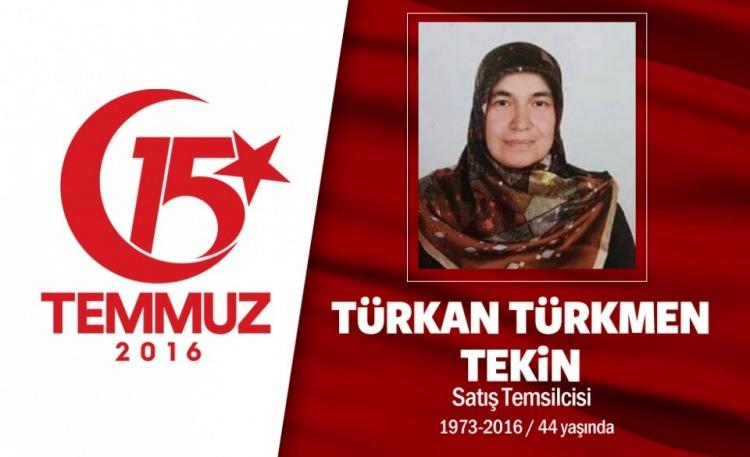 <p>3 yaşındaki Türkmen Tekin, İstanbul Esenler'de oturuyordu. 15 Temmuz gecesi, Cumhurbaşkanı Erdoğan'ın çağrısı sonrası Atatürk Havalimanı'nın darbeci işgali altında olduğunu duyunca ailesiyle birlikte harekete geçti. Türkmen Tekin, Esenler Dörtyol'da darbecilerin ele geçirdiği tankın ezmesi sonucu eşi ve çocuklarının önünde şehit oldu. Şehidin oğlu, “Biz bu davadayız, annem de bu davadaydı, ben de bu davadayım. Kimse ağlamasın, üzülmesin, dik dursun. Onların kuvveti silah,</p>