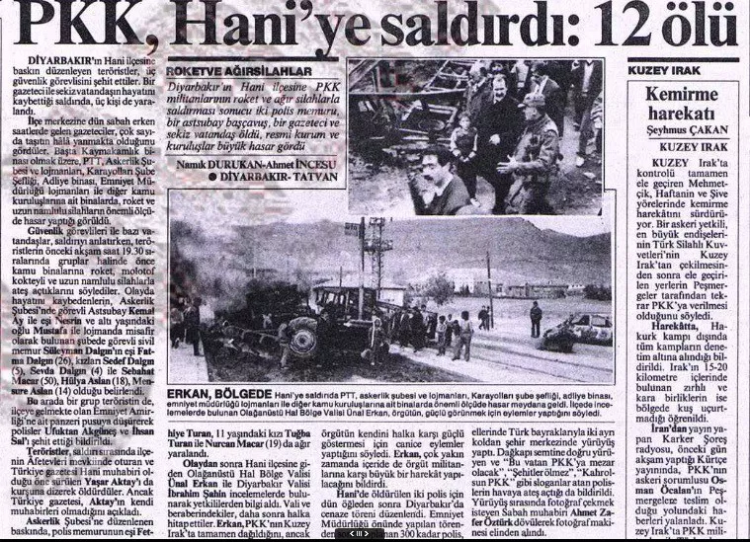 <p><strong>9 KASIM</strong></p>
<p>Diyarbakır'ın Hani ilçesinde 4'ü çocuk 12 kişi kurşuna dizildi</p>