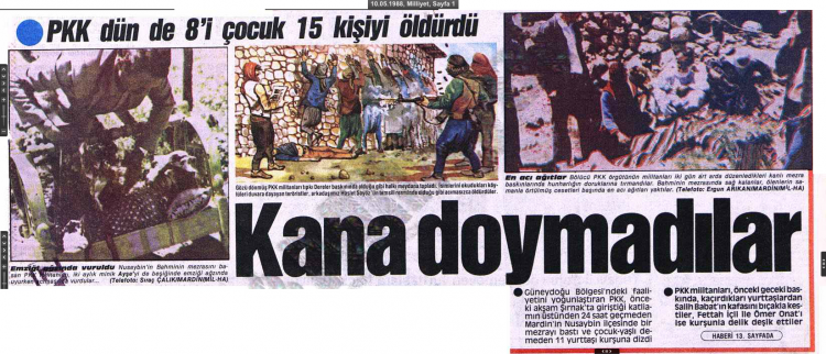 <p><strong>1988</strong></p>
<p>9 MAYIS</p>
<p>Nusaybin ilçesi Taşköyü'nün Behmenin mezrasında aynı aileden 8'i çocuk 11 kişi öldürüldü</p>