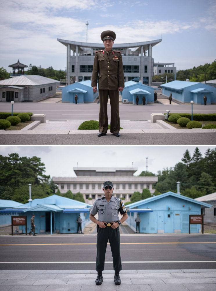 <p>Kuzey Kore (yukarıda) ile Güney Kore (aşağıda) sınırında görev yapan askerler.</p>

