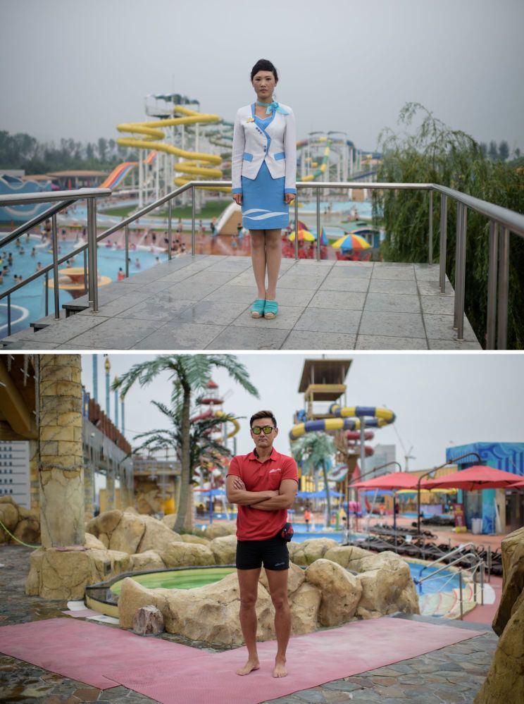 <p>Kuzey Kore'nin başkenti Pyongyang'daki su parkı görevlisi (yukarıda) ve Güney Kore'nin Ilsan kentindeki su parkında çalışan can kurtaran (aşağıda)</p>
