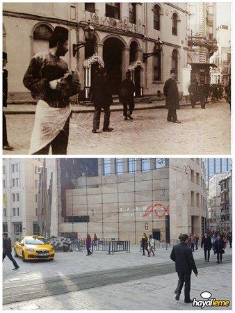 <p>Aynı açıdan 118 yıl arayla Galatasaray Meydanı'na bakış. Günümüzde Yeni Çarşı Caddesi'nin olduğu yerde Galatasaray Karakolu bulunuyordu. </p>

<p> </p>
