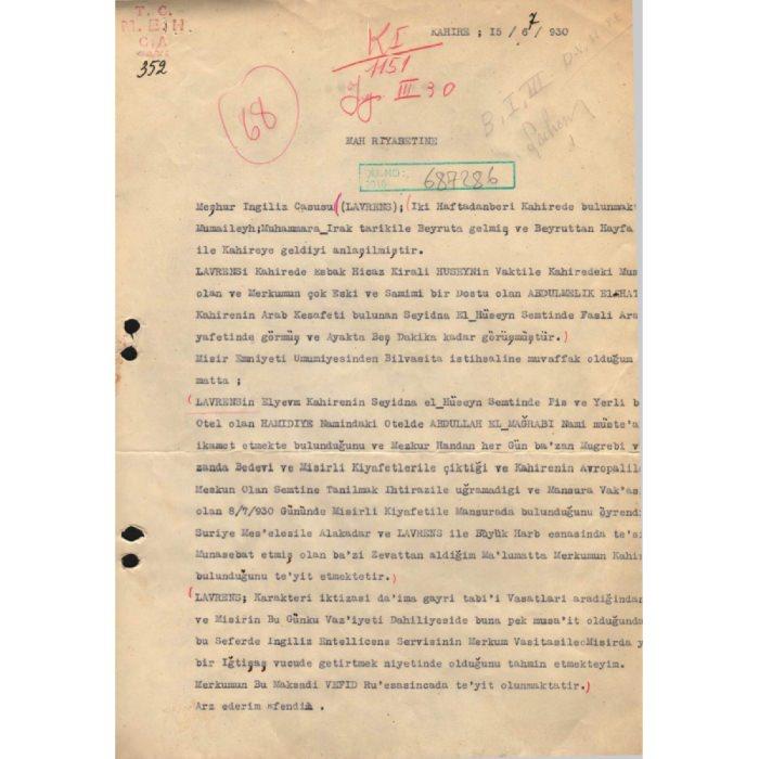 <p>Sanal müzede Harbiye Nazırı Enver Paşa tarafından kurulan Teşkilat-ı Mahsusa'dan MİT Başkanlığına kadar kurumun tarihçesi ve logoları ile istihbarat tarihine ışık tutan önemli belge ve yazışmalar da yer alıyor. Bu belgelerden biri de Milli Emniyet Hizmeti'nin (MEH/MAH) Kahire'de bulunan dış istihbarat ajanlarının, "Arabistanlı Lavrens" olarak bilinen İngiliz ajanına karşı yürüttükleri kontrespiyonaj çalışmaları neticesinde hazırladıkları 15 Haziran 1930 tarihli rapor.</p>