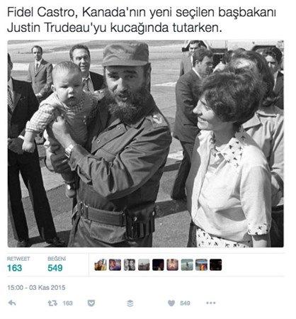 <p>Justin Trudeau’nun 2015’te Kanada’nın yeni başbakanı seçilmesi ardından dolaşıma giren Fidel Castro ile bebek Justin Trudeau’nun bir arada olduğu iddia edildi.</p>
<p> </p>