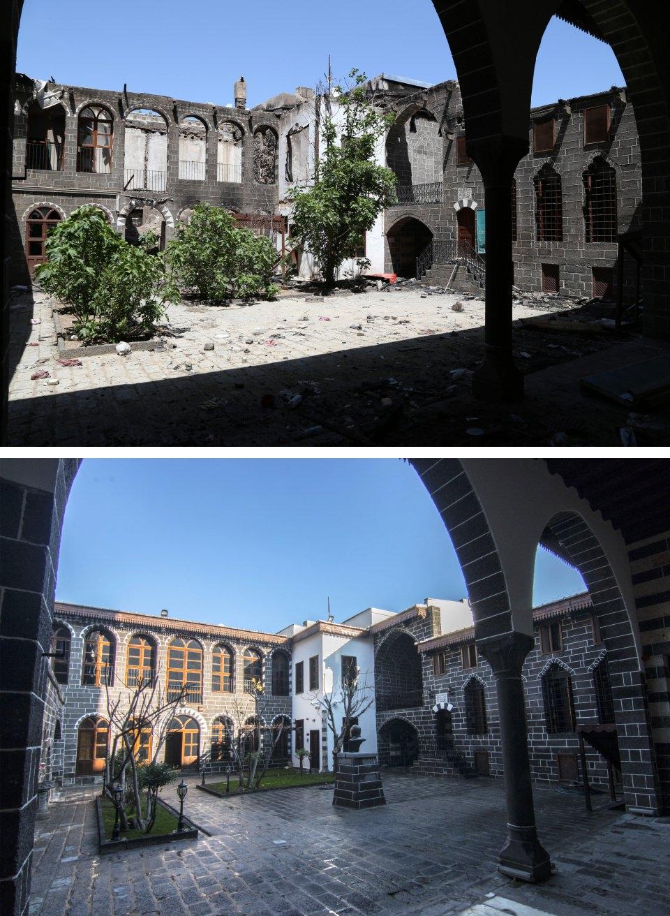 <p> Diyarbakır'da, HDP Merkez Yürütme Kurulunun çağrısı üzerine, 6-7 Ekim 2014'te Ayn el-Arap (Kobani) bahanesiyle Diyarbakır'da düzenlenen izinsiz gösterilerde PKK'lı teröristlerce yakılan Ziya Gökalp Müzesi, yapılan çalışmaların ardından tekrar hizmete açıldı.</p>
