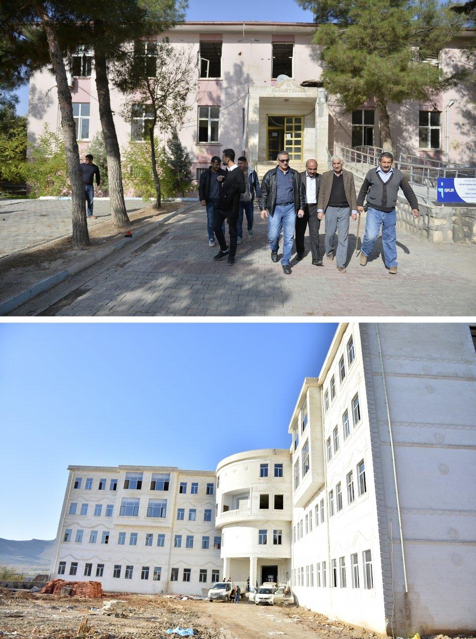 <p>Mardin'in Derik ilçesinde Kaymakam ve Belediye Başkan Vekili Muhammed Fatih Safitürk'ün görevi başındayken şehit edildiği terör saldırısında zarar gören Kaymakamlık binası devlet eliyle yürütülen çalışmalarla yenileniyor.</p>