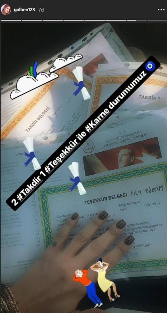 <p><span style="color:#800080"><strong>Gülben Ergen:</strong> </span><strong>"2 takdir 1 teşekkür karne durumumuz."</strong></p>