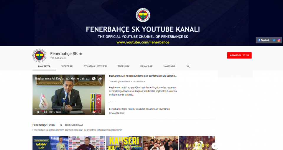 <p><strong>Televizyondan ve YouTube üzerinden yayın yapan en fazla aboneye sahip Türk spor kanalları:</strong></p>

<p> </p>

<p>1- FENERBAHÇE</p>

<p> </p>

<p><strong>712 bin abone</strong></p>
