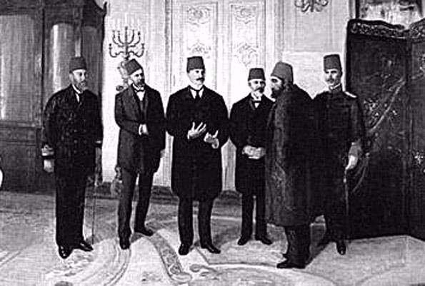 <p>II. Abdülhamid'in tahttan indirildiğini bildiren Aram Efendi,Selanik Mebusu Emanuel Karasu Efendi,Mebusan Meclis'inden Draç Mebusu Jandarma Mirlivası (Tuğgeneral) Esat Paşa ve Bahriye Feriki (Koramiral) Arif Hikmet Paşa'lar</p>

<p> </p>
