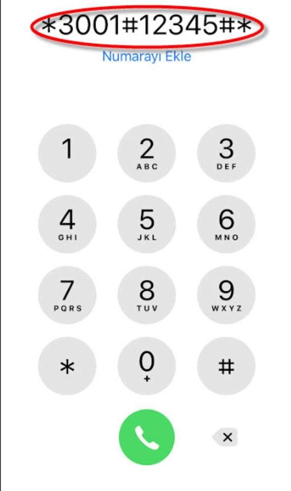 <p>Daha sonra tuş takımına *3001#12345#* yazıyoruz.</p>

<p> </p>
