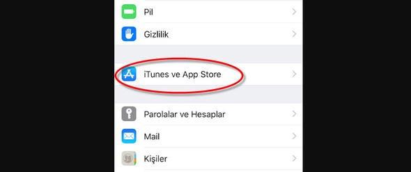 <p>Daha sonra tekrar Ayarlar'a girip iTunes ve App Store seçeneğine dokunun.</p>

<p> </p>
