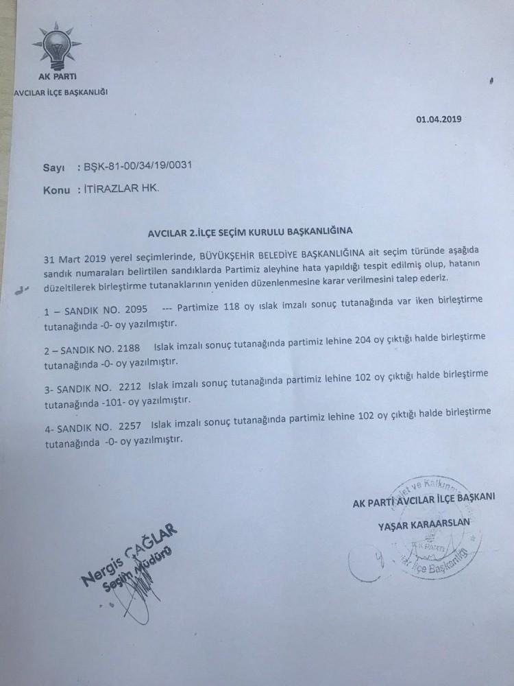 <p>AK Parti, İstanbul Avcılar’da 4 sandığa daha itiraz etti. 4 sandıkta AK Parti’den kaydırılan oy 425.</p>