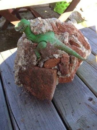 <p>Taş parçasının içinde çıkan oyuncak dinozor.</p>
