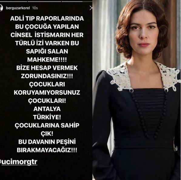 <p><span style="color:#800080"><strong>BERGÜZAR KOREL</strong></span></p>

<p><strong>"Cinsel istismarın her türlü izi varken bu sapığı salan mahkeme!!! Bize hesap vermek zorundasınız. Çocukları koruyamıyorsunuz, çocukları! Antalya, Türkiye! Çocuklarına sahip çık!”</strong></p>
