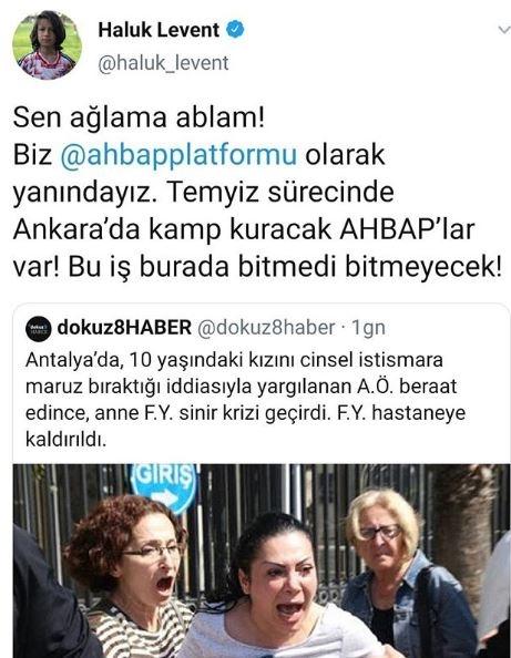 <p><span style="color:#800080"><strong>HALUK LEVENT'TEN ANLAMLI DESTEK</strong></span></p>

<p>Antalya'da 10 yaşındaki kız çocuğuna cinsel istismarda bulunduğu iddiasıyla yargılanan apartman görevlisi hakkında beraat kararının ardından anne sinir krizi geçirerek hastaneye kaldırmıştı. Haluk Levent, o haberi paylaşarak kurucusu olduğu AHBAP'ın Temyiz sürecinde Ankara’da kamp kuracağını duyurdu. </p>
