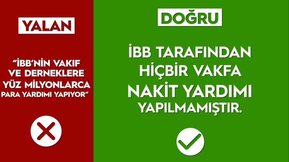 <p><strong>"İBB'NİN VAKIF VE DERNEKLERE YÜZ MİLYONLARCA PARA YARDIMI YAPIYOR" / YALAN</strong></p>

<p>Gerçek: İBB tarafından hiçbir vakfa nakit yardımı yapılmamıştır.</p>
