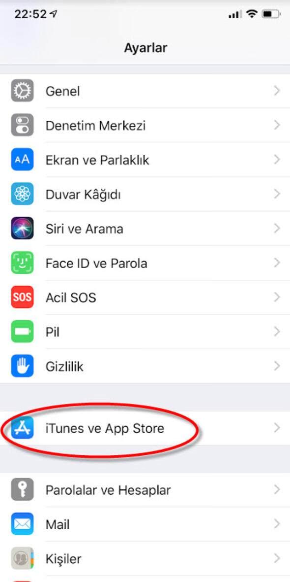 <p>Daha sonra tekrar Ayarlar'a girip iTunes ve App Store seçeneğine dokunun.</p>

<p> </p>
