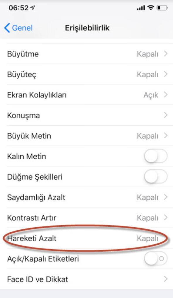 <p>Yine Ayarlar > Genel > Erişebilirlik yolunda yer alan Hareketi Azalt seçeneğine dokunun ve Hareketi Azalt seçeneğini kapatın. Böylece batarya ömrünüz uzayacak!</p>

<p> </p>
