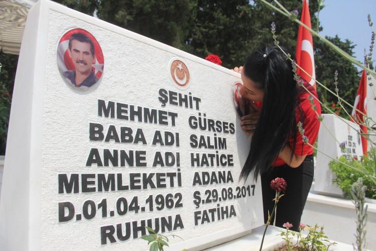 <p>Diyarbakır'da 2 yıl önce şehit olan Mehmet Gürses'in kızı Gamze Karslı babasının şehitlikteki mezarında onun fotoğrafını öpüp gözyaşları içinde severek Babalar Gününü kutladı. </p>
