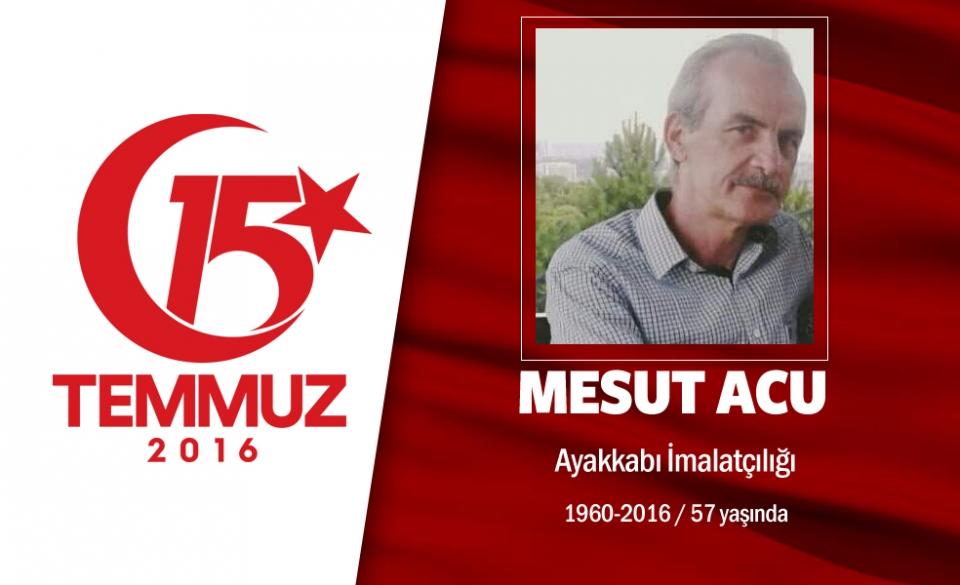 <p>Emekli Astsubay Mesut Uca, 1960 yılında Ankara’da doğdu. Uzun yıllar Türk Silahlı Kuvvetleri bünyesinde çalıştıktan sonra emekli oldu. Ayakkabı imalatçılığı yapan Mesut Uca, 56 yaşına rağmen darbe girişimi gecesi direnmek üzere sokağa çıktı. Mesut Uca, 15 Temmuz gecesi Genelkurmay Başkanlığı’nı işgale eden darbecilerin açtığı ateş sonucu şehit oldu. 56 yaşındaki Mesut Uca, evli ve 4 çocuk babasıydı. Şehit Mesut Uca, 15 Temmuz’da şehit olan 9 kahramanla birlikte yan yana Ankara Karşıyaka Mezarlığı’na defnedildi.  </p>
