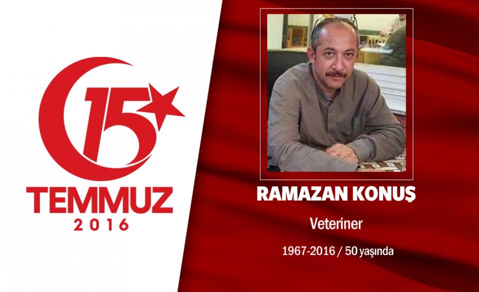 <p>Baba şehit düştü, kızı gazi oldu. 49 yaşındaki Ramazan Konuş, Niğde'nin Bor ilçesinde doğmuş bir veteriner hekimdi. Görev yeri Balıkesir'in Bandırma ilçesi Gıda, Tarım ve Hayvancılık Müdürlüğü'ydü. Evli ve üç çocuk babasıydı. Ankara'da bulunan çocuklarını alıp Bandırma'ya dönmek için kısa süreliğine başkente gelmişlerdi. 15 Temmuz gecesi, eşi Hacer ve kızı Rümeysa ile birlikte yola çıktı. Eşine, "Bu bir vatan mücadelesi, Bugün ölmeyeceksek ne zaman öleceğiz" dedi. Darbeci hainlerin Genelkurmay Başkanlığı önünde yaptığı saldırıda şehit düştü. Aynı saldırıda kızı Rümeysa da yaralandı.Şehit Ramazan Konuş, baba ocağı Bor'da vatan toprağına emanet edildi. </p>

<p> </p>
