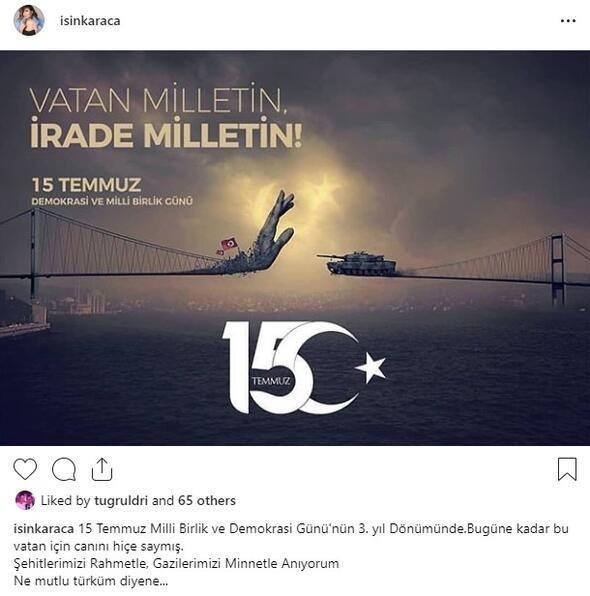 <p>IŞIN KARACA</p>

<p>15 Temmuz Milli Birlik ve Demokrasi Günü'nün 3. yıldönümünde. Bugüne kadar bu vatan için canını hiçe saymış.Şehitlerimizi Rahmetle, Gazilerimizi Minnetle AnıyorumNe mutlu Türküm diyene...</p>
