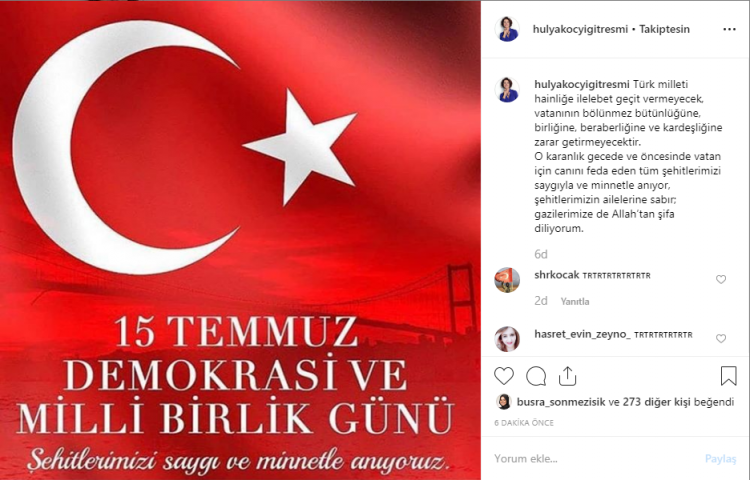 <p><strong>Hülya Koçyiğit: </strong>Türk milleti hainliğe ilelebet geçit vermeyecek, vatanının bölünmez bütünlüğüne, birliğine, beraberliğine ve kardeşliğine zarar getirmeyecektir. O karanlık gecede ve öncesinde vatan için canını feda eden tüm şehitlerimizi saygıyla ve minnetle anıyor, şehitlerimizin ailelerine sabır; gazilerimize de Allah’tan şifa diliyorum.</p>
