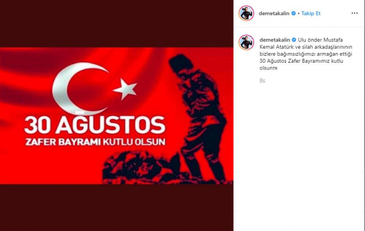 <p><span style="color:#800080"><strong>DEMET AKALIN</strong></span></p>

<p>Ulu önder Mustafa Kemal Atatürk ve silah arkadaşlarınının bizlere bağımsızlığımızı armağan ettiği 30 Ağustos Zafer Bayramımız kutlu olsun</p>
