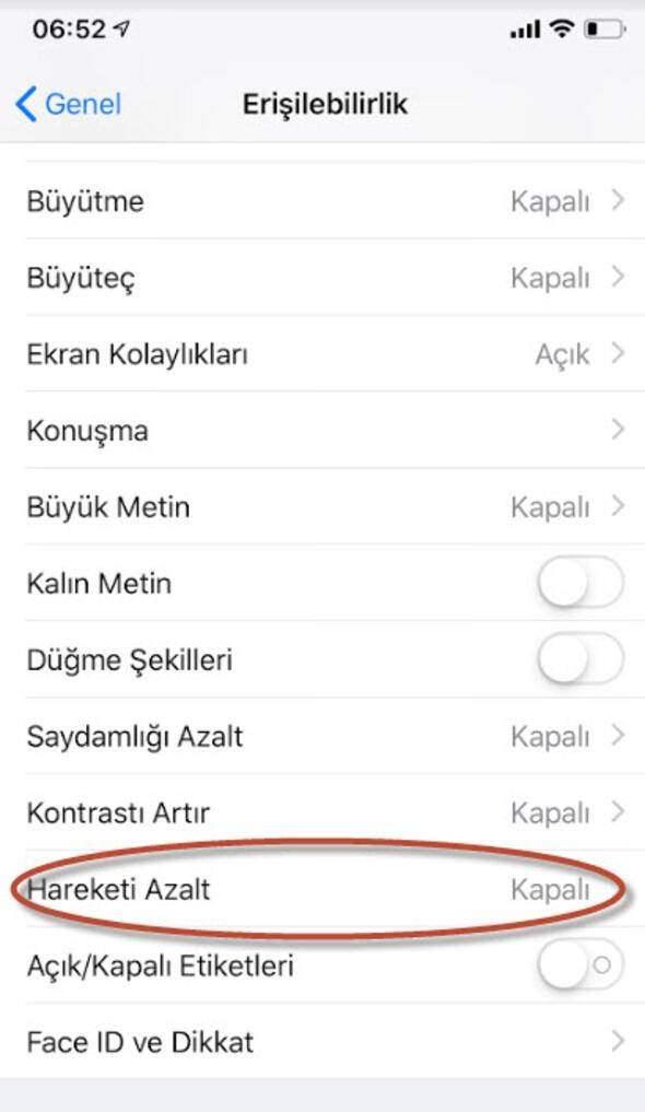 <p>Yine Ayarlar > Genel > Erişebilirlik yolunda yer alan Hareketi Azalt seçeneğine dokunun ve Hareketi Azalt seçeneğini kapatın. Böylece batarya ömrünüz uzayacak!</p>
<p> </p>