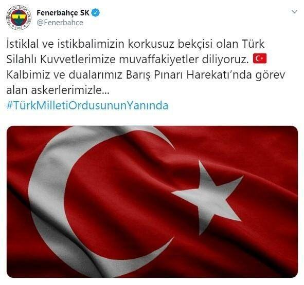 <p>Süper Lig, 'Pınar Barış Harekatı' için tek yürek oldu.</p>

<p>İşte kulüplerin harekat için destek paylaşımları...</p>

<p>FENERBAHÇE</p>
