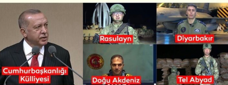 <p>Cumhurbaşkanı Erdoğan Barış Pınarı Harekatı'nda görevli askerlerle giriş yaptığı kabul töreninde Kur’ân-ı Kerim tilaveti Cumhurbaşkanı Erdoğan'ın hitabı ve Telebyad,Rasulayn,D.Akdeniz’de Gökçeada Fırkateyni ve Diyarbakır 8.AnaJet Üssü’nde Mehmetçik’e yapılan canlı bağlantılar izledi</p>

<p> </p>
