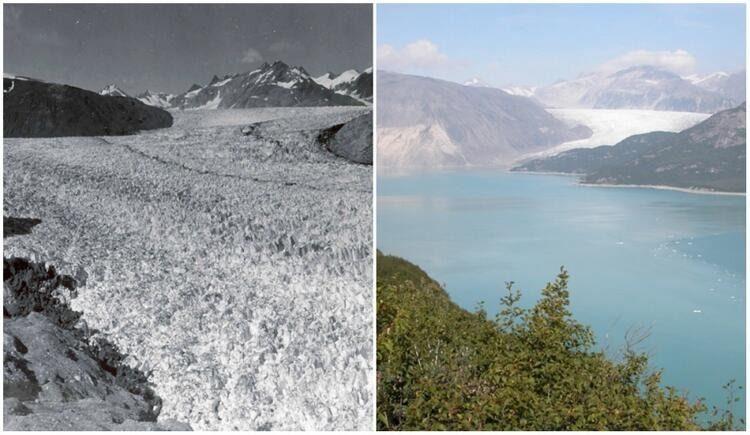 <p>Alaska'daki Muir Buzulu'nun 1941 yılının ağustos ayında çekilen bir görüntüsü ile 2004 yılının ağustos ayında çekilen bir görüntüsü.</p>

<p> </p>
