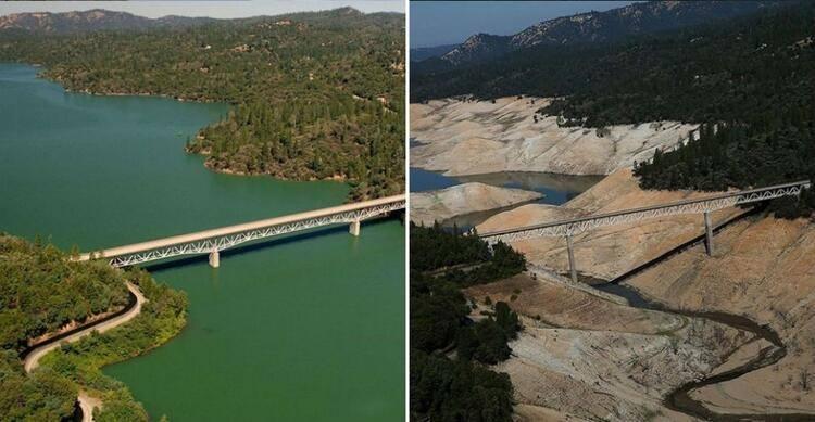 <p>Bir baraj gölü olan ve Kaliforniya'da bulunan Oroville Gölü'ndeyiz bu kez de... 2010 Temmuz'da çekilen görüntü solda... Sağdaki görüntü ise 2016 yılına ait... Değişim inanılmaz!</p>
<p> </p>