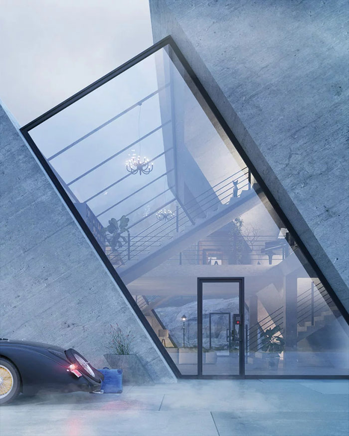 <p>Üçlü denilen evlerden biri üçgen biçimini alır ve Adidas logosuna benzer. Evin tasarımı, büyük cam panellerle ayrılmış üç eğik beton duvarla tamamlanmıştır.</p>
