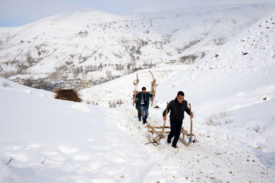 <p>Köyden 4 kilometre uzaklıktaki dağlık alanda bulunan otları taşımak için bir araya gelen köylüler, 2 saat süren yolculuk sırasında arka arkaya dizilen kızaklara yükledikleri otları titizlikle taşıyarak hayvanlara ulaştırıyor. </p>
<p> </p>