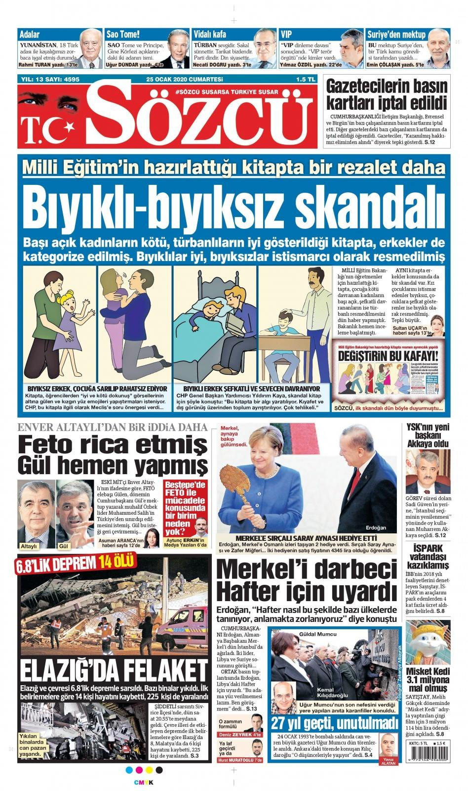 <p>Elazığ'da yaşanan 6.8 şiddetindeki deprem gazete manşetlerine böyle yansıdı.</p>
