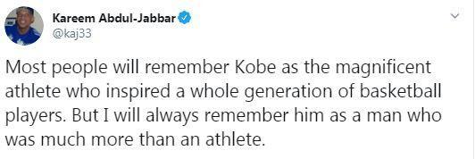<p>Kareem Abdul-Jabbar: Birçok insan Kobe'yi jenerasyonlarca basketbolculara ilham vermiş muhteşem bir atlet olarak hatırlayacak. Ben ise onu her zaman bir atletten daha fazlası olarak hatırlayacağım.</p>

<p> </p>
