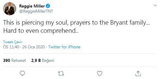 <p>Reggie Miller: Bu haber ruhumu deliyor, dualarım Bryant ailesi ile... Kabullenmesi çok zor...</p>
<p> </p>