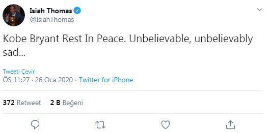 <p>Isiah Thomas: Kobe Bryant huzur içinde uyu. İnanılmaz, inanılmaz üzücü...</p>

<p> </p>
