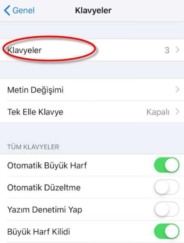 <p>Ardından da Klavyeler bölümüne girin.</p>
