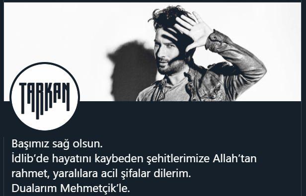 <p><strong><span style="color:#800080">TARKAN</span></strong></p>
<p><strong>"Başımız sağ olsun. İdlib'de hayatını kaybeden şehitlerimize Allah'tan rahmet, yaralılara acil şifalar dilerim. Dualarım Mehmetçik'le." </strong></p>