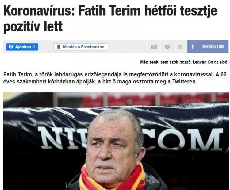 <p>NEMZETI (MACARİSTAN)</p>

<p>Koronavirüs: Fatih Terim'in yaptırdığı testler pozitif çıktı ve haberi Twitter'dan paylaştı.</p>
