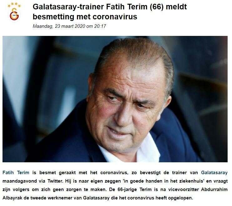 <p>VOETBALZONE (HOLLANDA)</p>

<p>Galatasaray Teknik Direktörü Fatih Terim, koronavirüse yakalandığını duyurdu. 66 yaşındaki hoca, yönetici Albayrak'ın ardından kulüpte koronavirüse yakalanan 2. isim oldu.</p>
