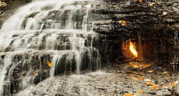 <p><strong>Eternal Flame Falls / Sonsuz Yanan Alev (Amerika, New York)</strong><br />
Chestnut Ridge Parkı’nın bir bölümünde yer alan şelale, dünyanın dört bir yanında kendiliğinden yanmakta olan yüzlerce ateşten birine sahip. ABD’nin Indiana Üniversitesi’nde araştırmacı olan Arndt Schimmelmann, yüzyıllar, belki de binlerce yıl önce yerli kabileler tarafından yakıldığı düşünülen ateşin, aslında dünyadaki örneklerinden farklı olduğunu belirtti. OurAmazingPlanet sitesine konuşan Schimmelmann, mağaradaki ateşin yerin derinliklerinde yer alan, antik ve son derece sıcak killi şist kayalarından geldiğini düşünüyor. Schimmelmann, killi şist içindeki karbon moleküllerinin parçalanarak küçük doğal gaz molekülleri ortaya çıkması için, sıcaklığın suyun kaynama noktasında veya daha sıcak olması gerektiğini belirtti. Ateşi besleyen gazın geldiği kayaların, içtiğimiz çay veya kahve kadar sıcak ve jeolojik olarak sanıldığından çok daha genç olduğu belirtildi. Bulgular, ateşi besleyen gazın farklı bir süreçten geçtiğini, bir çeşit katalizörün, gazı kayalardaki organik moleküllerden ortaya çıkardığı ifade edildi.</p>
