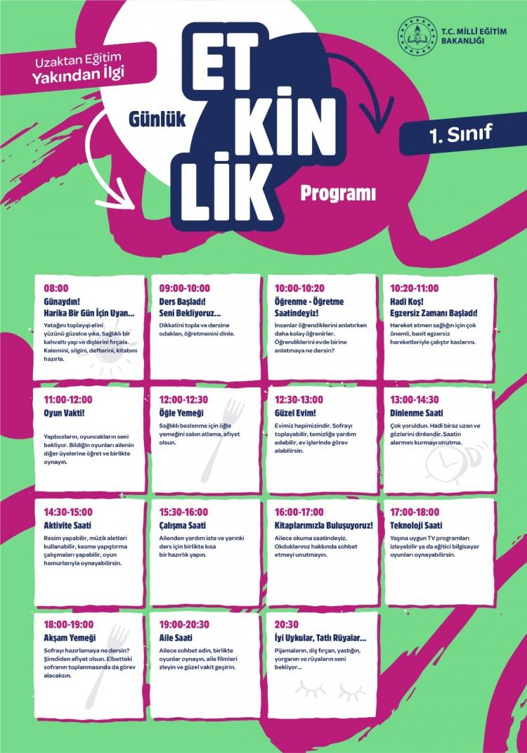 <p>Posterlerdeki günlük programlarda ise çocukların evde geçirdiği zamanın sağlıklı, keyifli ve verimli bir şekilde değerlendirilebilmesi için yapılacaklar adım adım, saat saat sunuluyor.</p>
<p> </p>