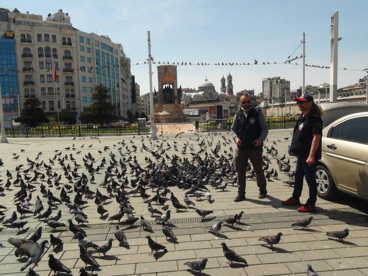 <p>Korona virüs (Covid-19) salgını tedbirleri kapsamında sokağa çıkma kısıtlamasının getirilmesi ile Taksim Meydanı güvercinlere yuva oldu. Meydanda devriye görevi yürüten polis ekipleri ise yanlarında getirdikleri yemler ile güvercinleri besledi.</p>
