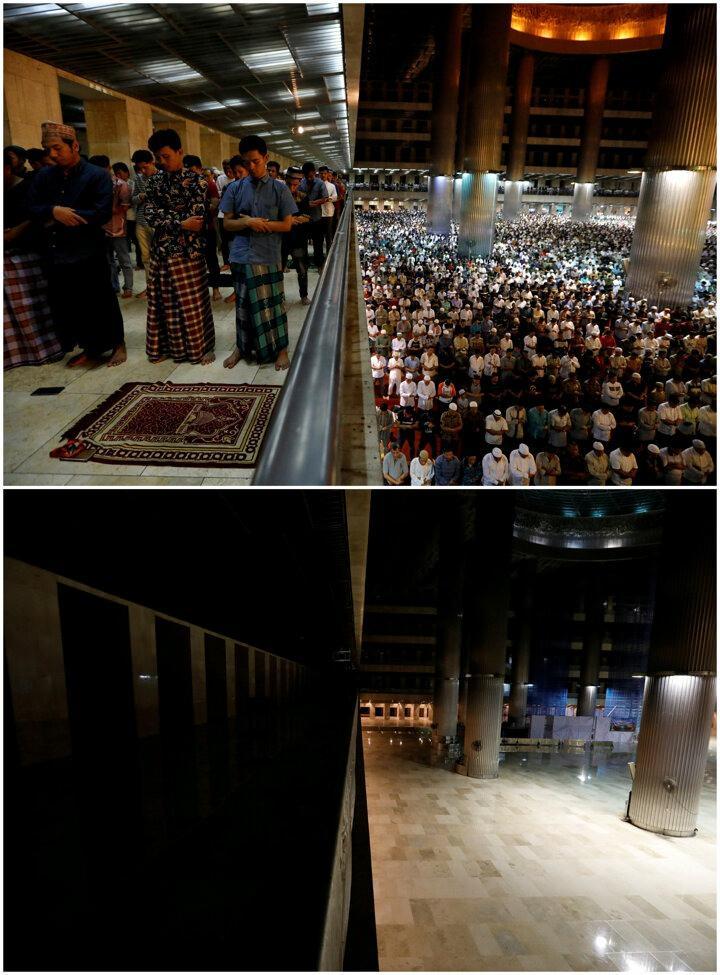 <p>Endonezya'da bulunan İstiklal Camii'nde 5 Mayıs 2019'da Ramazan'ın ilk günü coşku ile karşılanmış ve cami tıklım tıklım dolmuştu. Ancak dünya geneline yayılan koronavirüs sonrasında Ramazanın ilk günü olan 23 Nisan 2020 tarihinde cami bomboş kaldı.</p>
