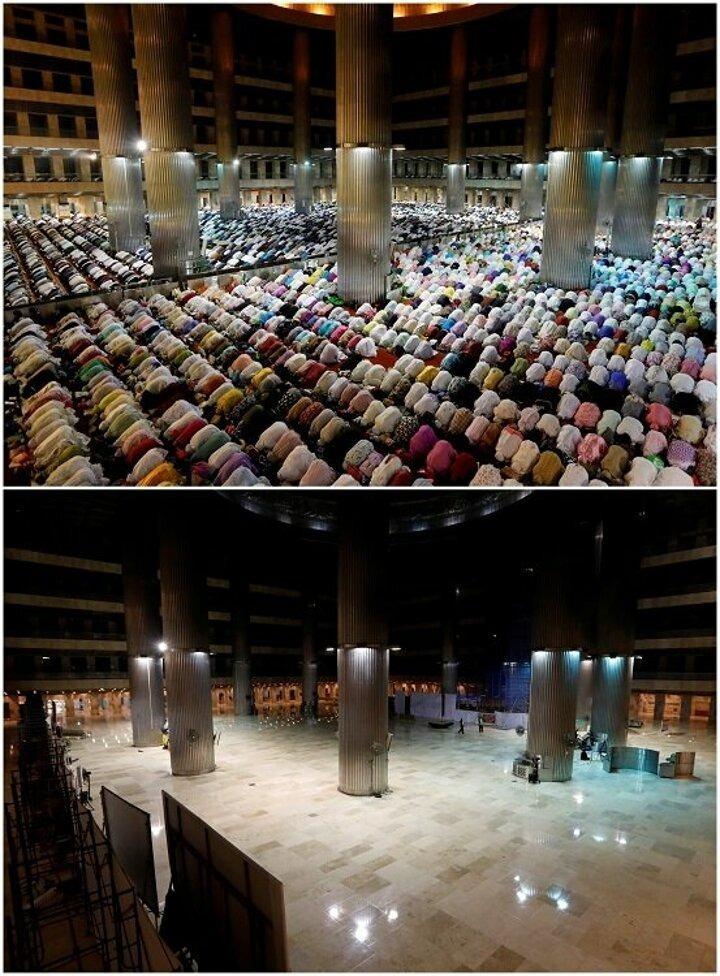 <p>Endonezya'da bulunan İstiklal Camii'nde 5 Mayıs 2019'da Ramazan'ın ilk günü coşku ile karşılanmış ve cami tıklım tıklım dolmuştu. Ancak dünya geneline yayılan koronavirüs sonrasında Ramazanın ilk günü olan 23 Nisan 2020 tarihinde cami bomboş kaldı.</p>

