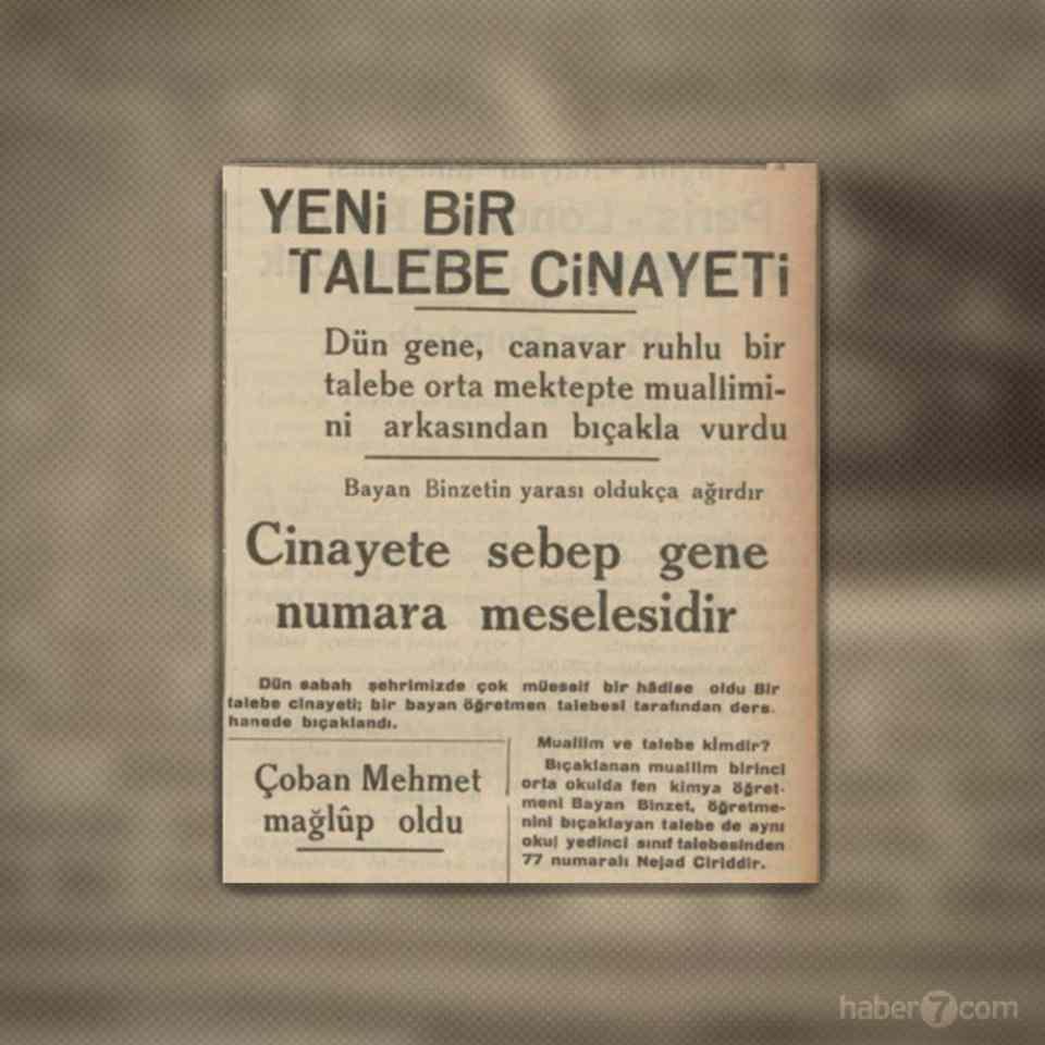 <p>24- O dönem sıkça görülen öğrenci cinayetlerinden biri. Sınavdan düşük not alan bir ortaokul öğrencisi öğretmeni Bayan Binzet’i bıçaklamış.</p>
